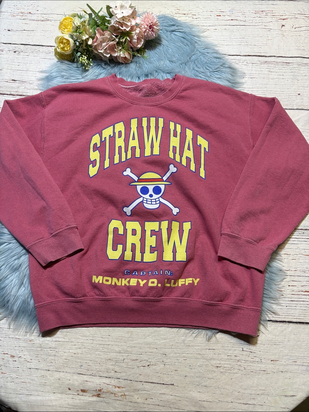 One Piece Straw Hat Crew Luffy Pink Pullover Sweatshirt sz L
